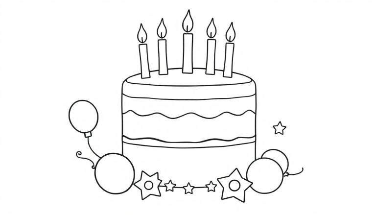 Un dessin au trait d'un gâteau d'anniversaire à plusieurs étages avec cinq bougies allumées, entouré de ballons et d'étoiles, prêt pour une activité de color panel.