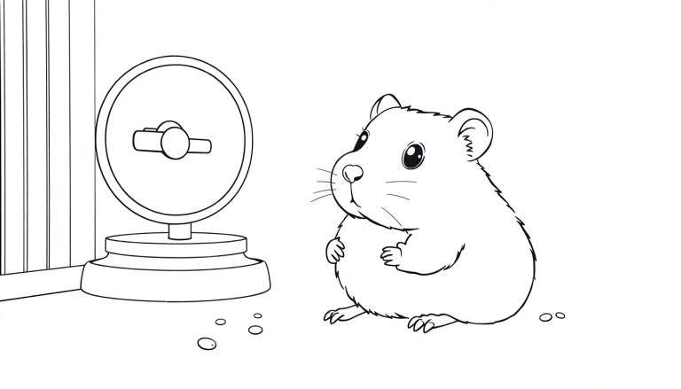 Un dessin au trait d'un mignon hamster mangeant dans sa mangeoire dans une cage avec des barreaux, un color panel.