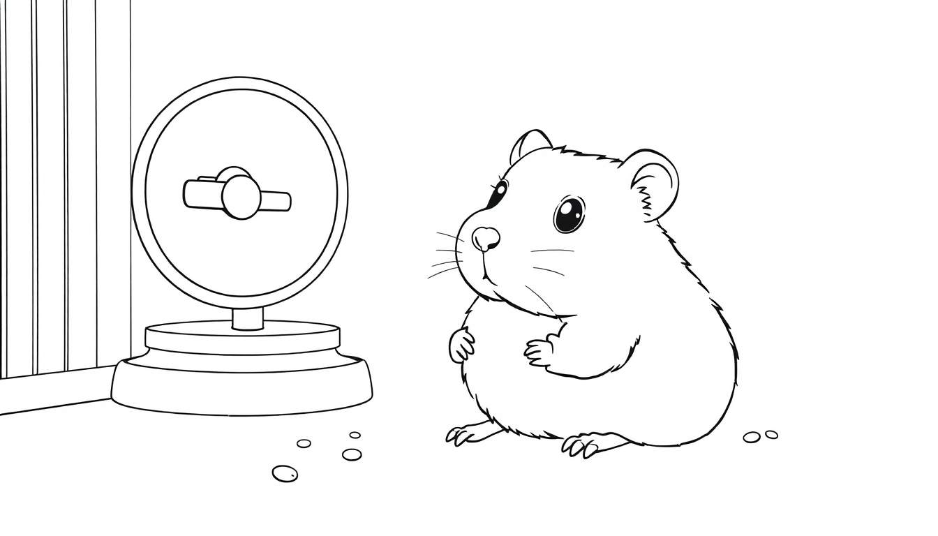 Un dessin au trait d'un mignon hamster mangeant dans sa mangeoire dans une cage avec des barreaux, un color panel.