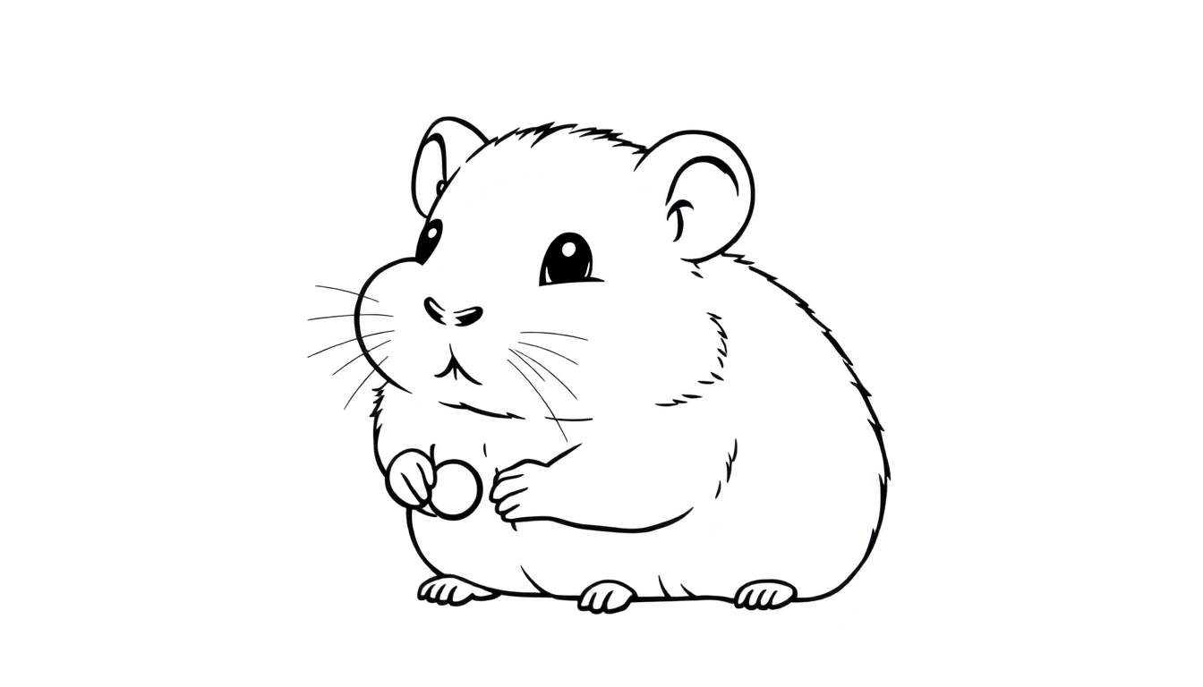Dessin au trait mignon d'un hamster assis avec les pattes jointes, prêt à être colorisé dans un color panel.