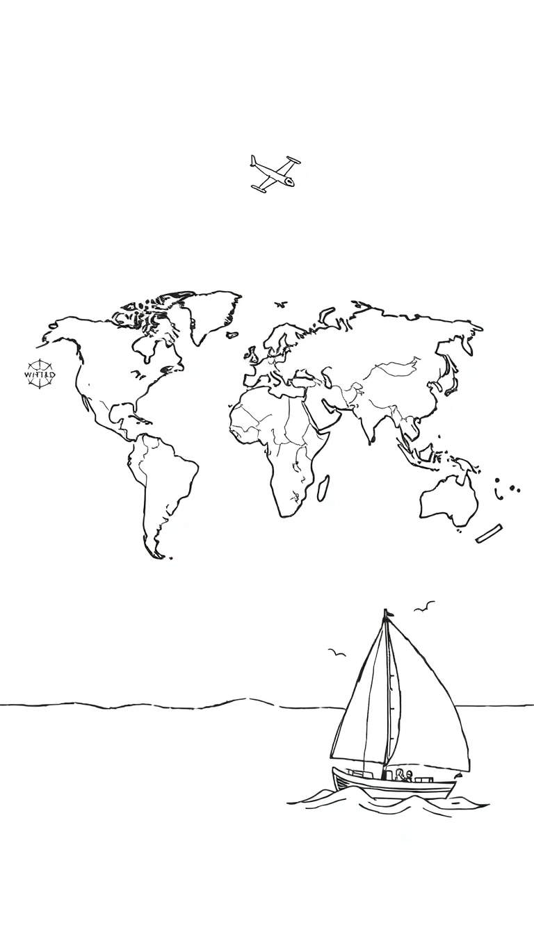 Une illustration en couleur de la Terre avec un avion et un voilier.