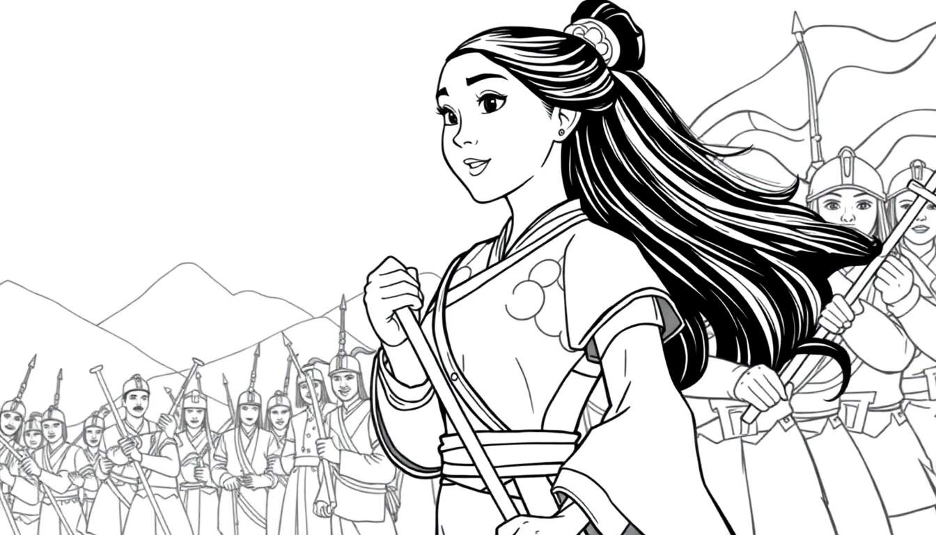 Une jeune femme asiatique en tenue traditionnelle, tenant un bâton, avec des soldats en arrière-plan devant une chaîne de montagnes, prête pour une scène de combat, disponible sur ce color panel.