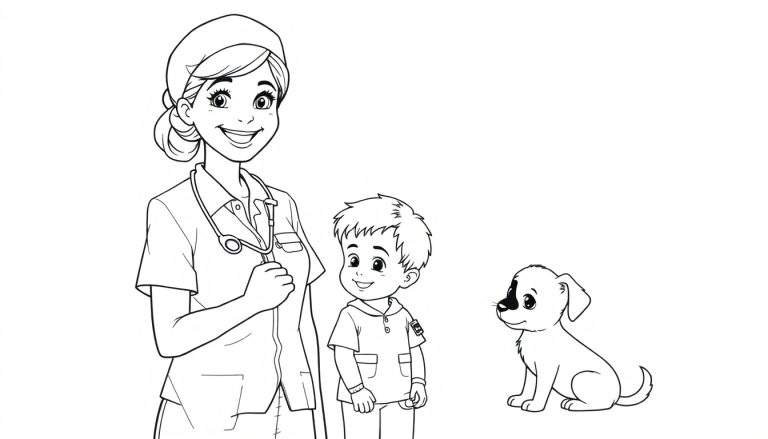 Un dessin au trait d'une infirmière souriante, d'un jeune garçon et d'un chiot, faisant partie d'un color panel joyeux.