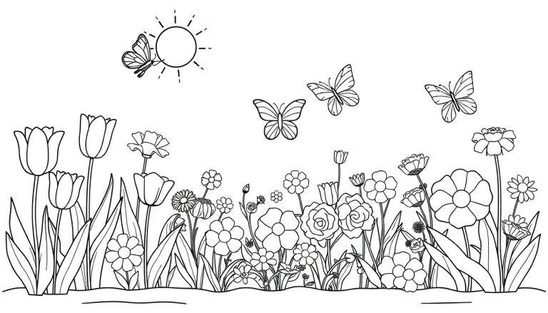 Dessin d'un champ de fleurs printanières avec des tulipes, des papillons et un soleil, un color panel de la nature.