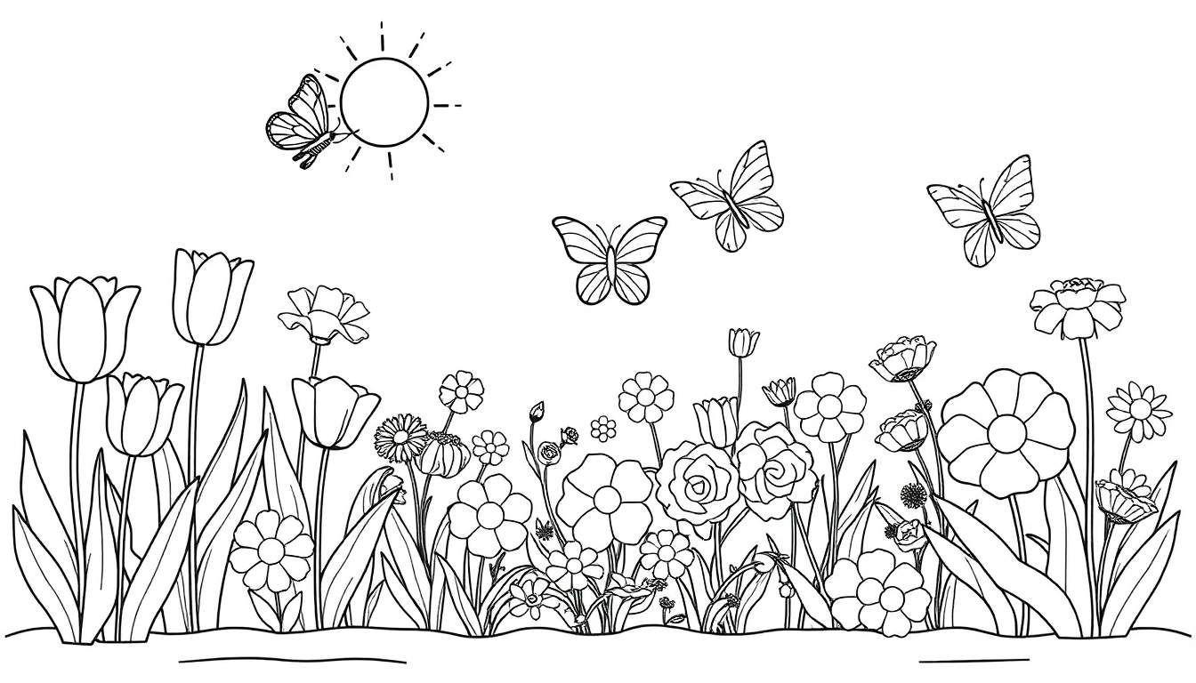 Dessin d'un champ de fleurs printanières avec des tulipes, des papillons et un soleil, un color panel de la nature.