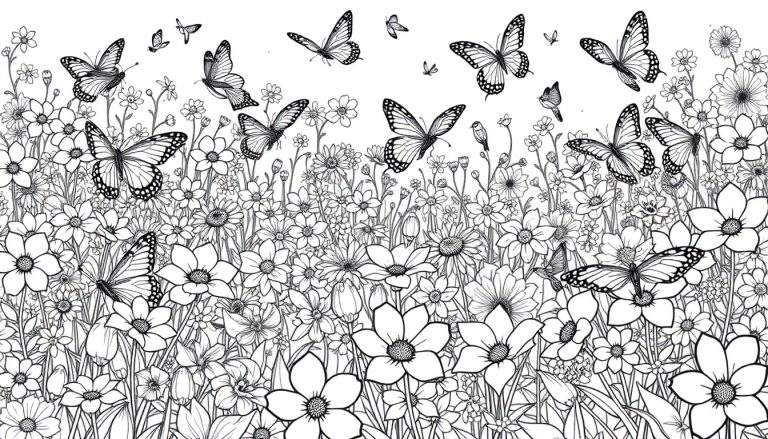Un dessin au trait noir et blanc d'un champ de fleurs avec des papillons, idéal pour un color panel.