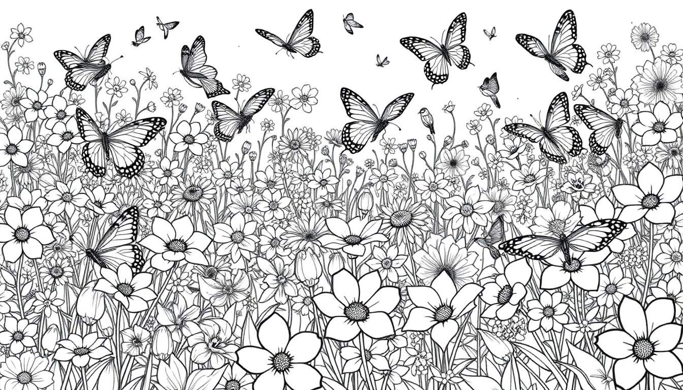 Un dessin au trait noir et blanc d'un champ de fleurs avec des papillons, idéal pour un color panel.