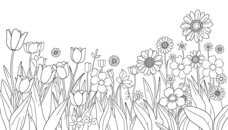 Dessin au trait noir et blanc d'un jardin de fleurs, prêt pour le coloriage.