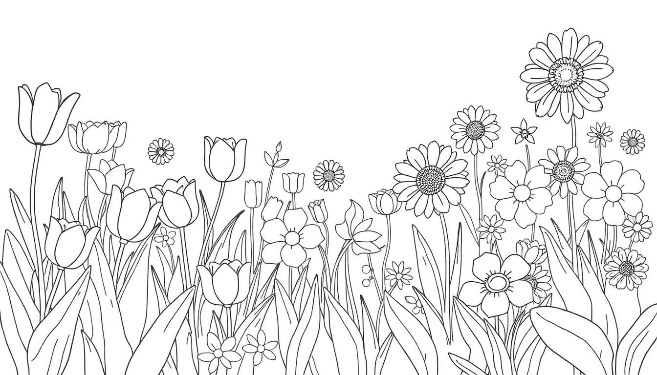 Dessin au trait noir et blanc d'un jardin de fleurs, prêt pour le coloriage.