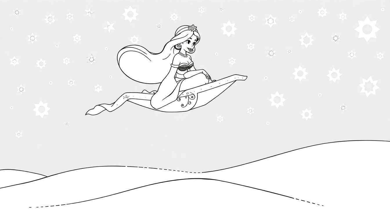 Dessin au trait en noir et blanc de Jasmine sur un tapis volant, page à colorier du color panel.