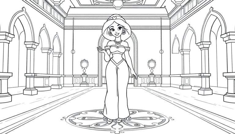 Dessin au trait noir et blanc de Jasmine dans son palais, souriant et saluant, avec des éléments de palais et un motif floral, dans un style livre de coloriage.