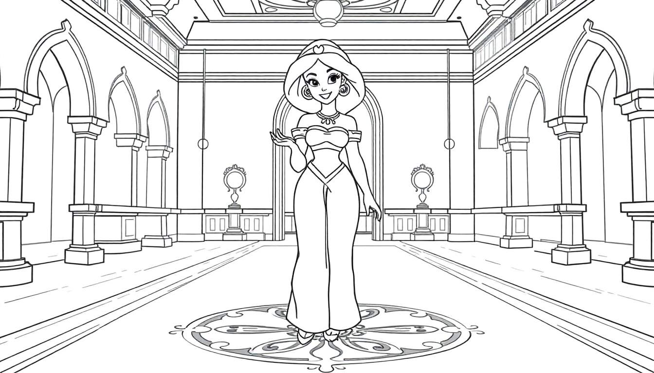 Dessin au trait noir et blanc de Jasmine dans son palais, souriant et saluant, avec des éléments de palais et un motif floral, dans un style livre de coloriage.