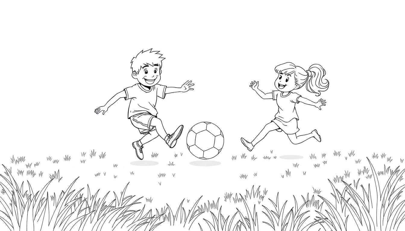 Dessin au trait noir et blanc d'un garçon frappant un ballon de football pendant qu'une fille court pour le rattraper sur un terrain d'herbe stylisée. Le dessin est un color panel pour enfants.