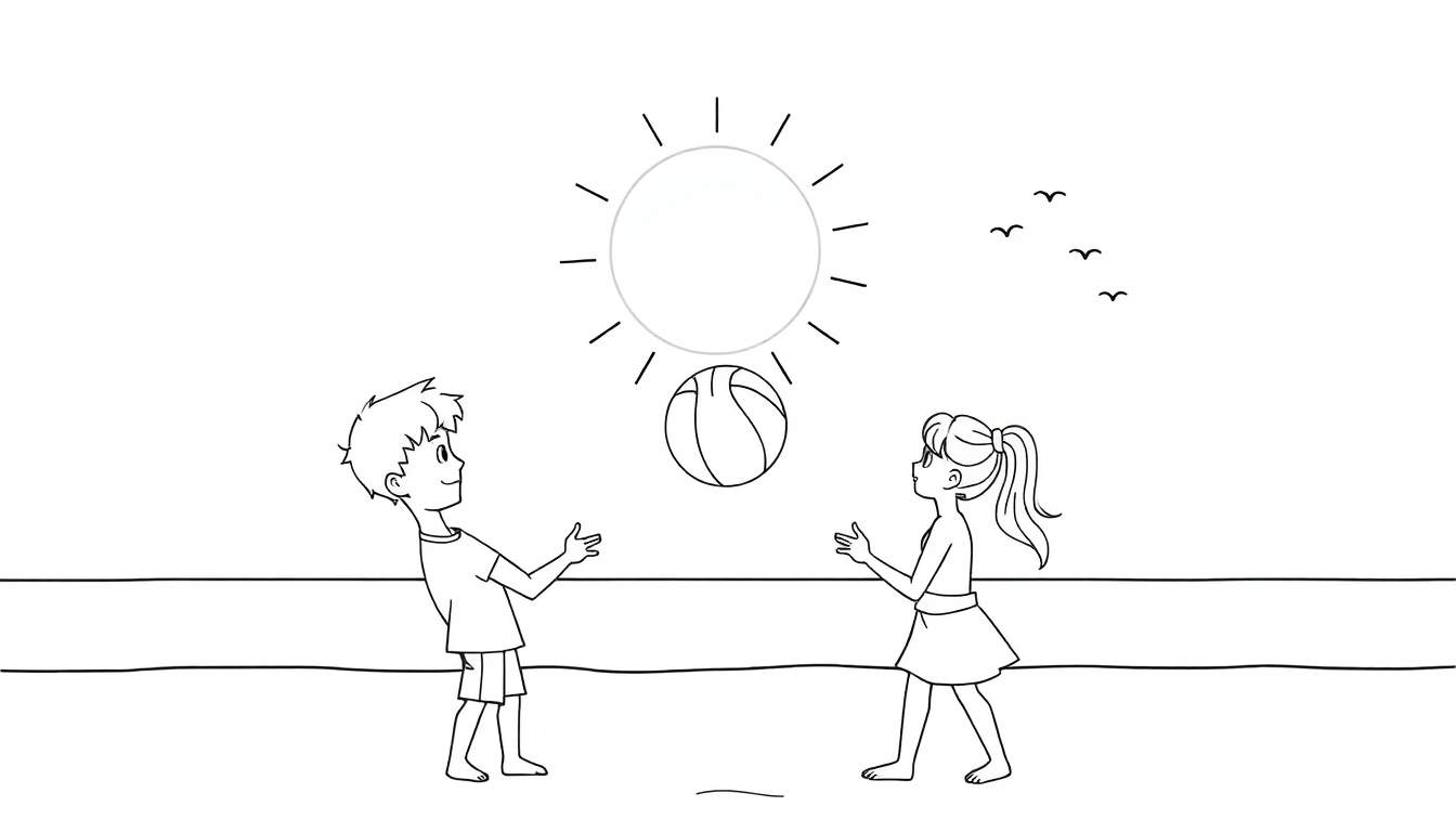 Un garçon et une fille jouent au ballon sur la plage, sous un soleil éclatant. Le dessin en noir et blanc a un style de croquis, avec des oiseaux dans le ciel.