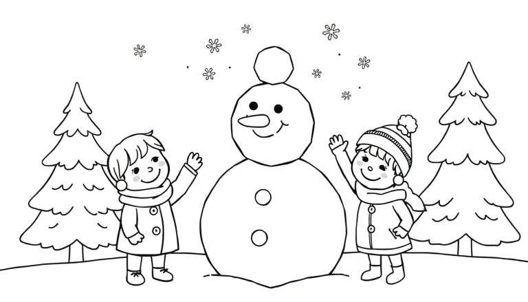 Un bonhomme de neige souriant entouré d'enfants joyeux, dans une scène hivernale dessinée en noir et blanc, page de coloriage color panel.