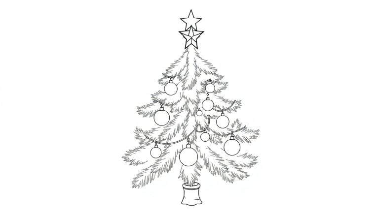 Un dessin au trait d'un sapin de Noël décoré avec des boules et une étoile, sur un color panel.