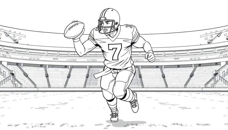 Dessin au trait d'un joueur de football américain courant avec le ballon, numéro 7, dans un stade, prêt pour le color panel.
