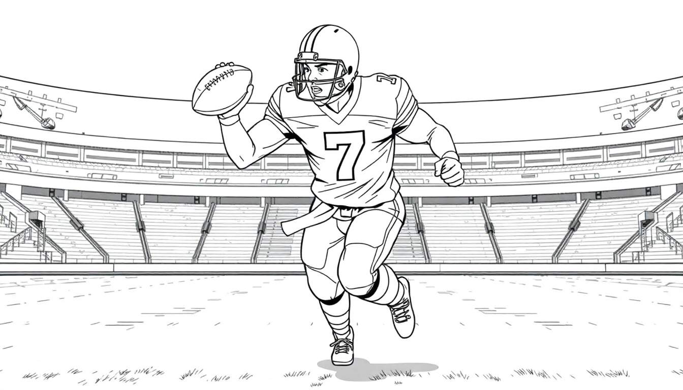 Dessin au trait d'un joueur de football américain courant avec le ballon, numéro 7, dans un stade, prêt pour le color panel.