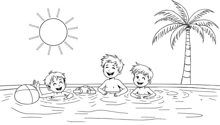 Dessin d'enfants jouant dans une piscine avec un soleil et un palmier, un color panel.