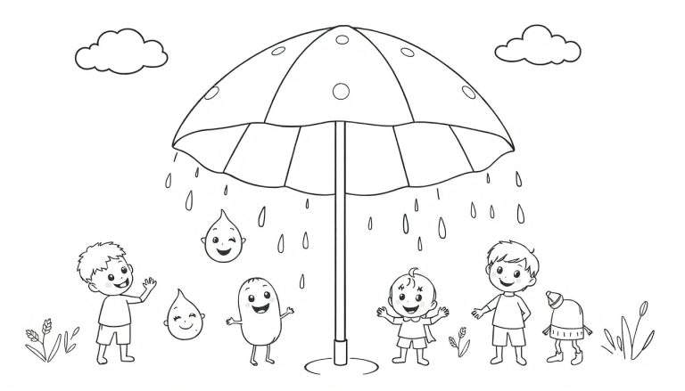 Une page de coloriage avec un grand parapluie protégeant plusieurs personnages de la pluie, y compris des enfants joyeux et des gouttes de pluie anthropomorphisées. Un color panel de plaisir sous la pluie.