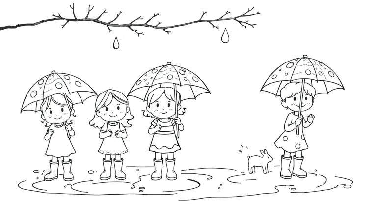 Quatre petites filles sous des parapluies colorés et des bottes de pluie, avec un lapin à côté et des gouttes de pluie tombant d'une branche.