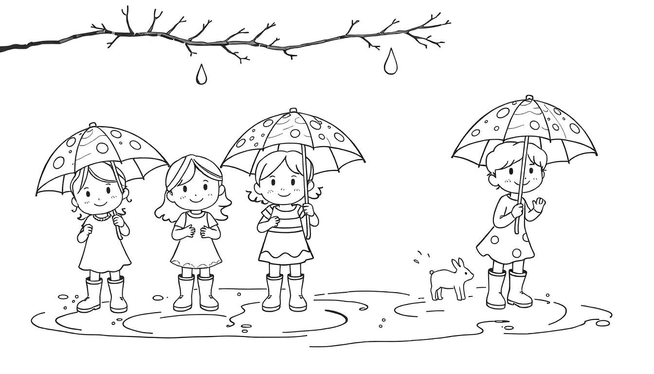 Quatre petites filles sous des parapluies colorés et des bottes de pluie, avec un lapin à côté et des gouttes de pluie tombant d'une branche.