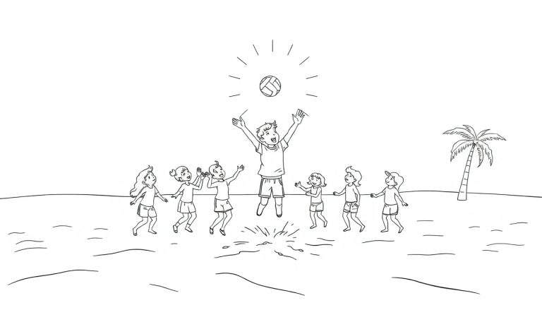 Un garçon saute pour attraper un ballon de plage pendant que ses amis le regardent sur une plage ensoleillée, comme vu à travers un color panel.