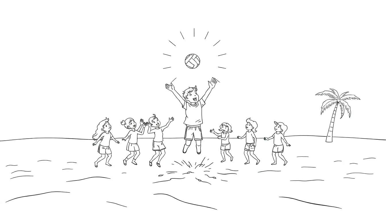 Un garçon saute pour attraper un ballon de plage pendant que ses amis le regardent sur une plage ensoleillée, comme vu à travers un color panel.