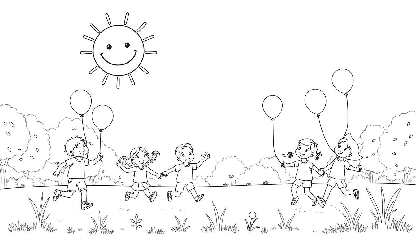 Dessin au trait noir et blanc d'enfants courant dans un parc ensoleillé, avec un soleil souriant et des ballons.