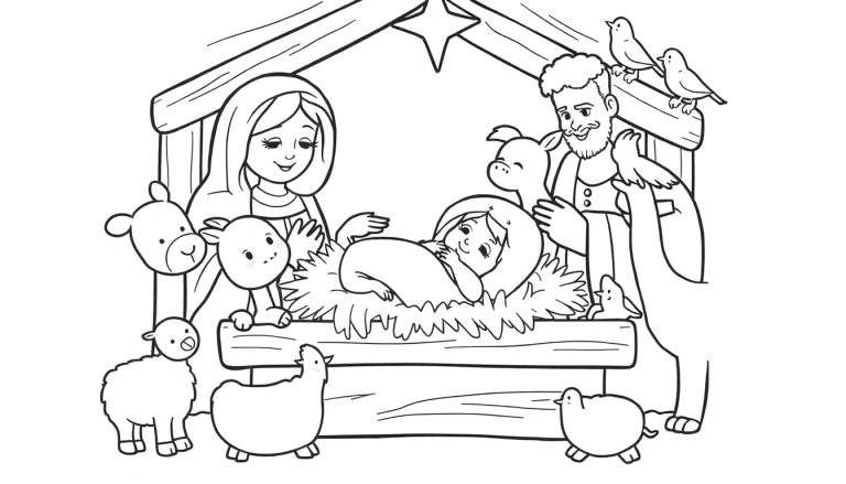 Dessin au trait noir et blanc d'une scène de la Nativité, un color panel joyeux avec Marie, Joseph et des animaux autour de Jésus dans une étable.