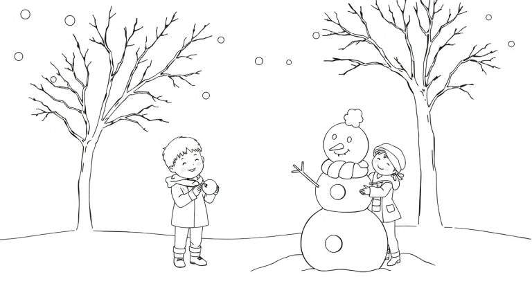 Deux enfants construisent un bonhomme de neige dans un paysage hivernal enneigé avec des flocons tombant.