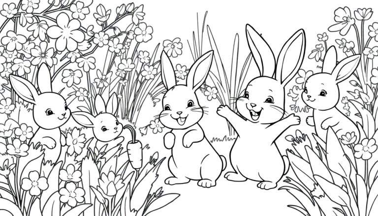 Cinq lapins joyeux dans un jardin fleuri pour un color panel.