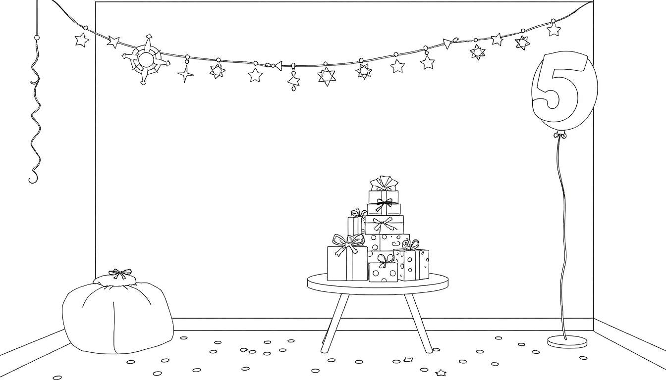 Une chambre décorée pour un anniversaire, avec une guirlande d'étoiles et de ballons, des cadeaux emballés et des confettis.