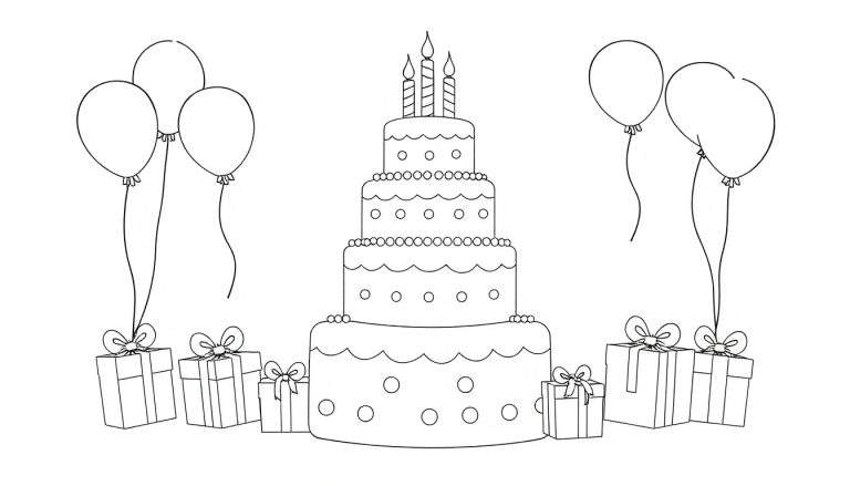 Dessin au trait d'un gâteau d'anniversaire à plusieurs étages avec des bougies, entouré de cadeaux et de ballons. Un color panel de fête !