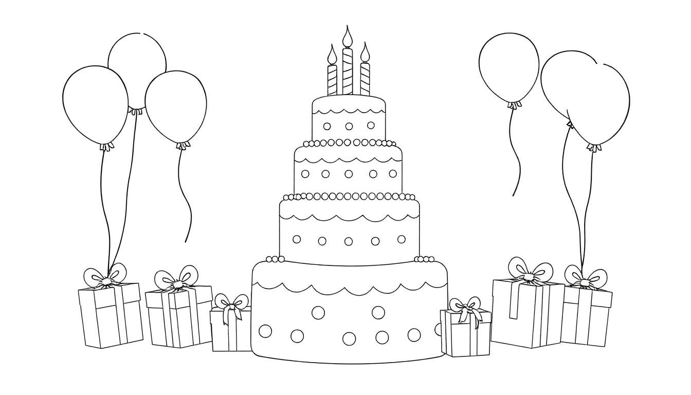 Dessin au trait d'un gâteau d'anniversaire à plusieurs étages avec des bougies, entouré de cadeaux et de ballons. Un color panel de fête !