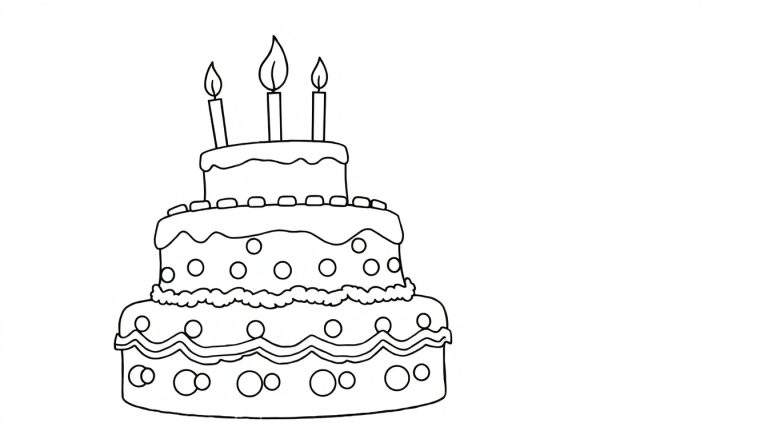 Dessin noir et blanc d'un gâteau d'anniversaire à trois étages avec des bougies allumées et des motifs décoratifs.