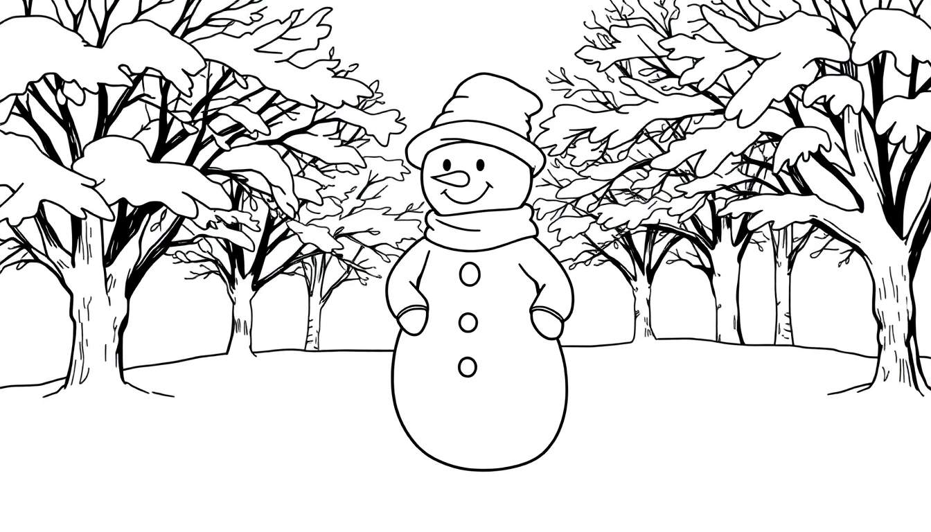 Un bonhomme de neige souriant avec un chapeau et une écharpe, entouré d'arbres enneigés dans un paysage d'hiver. Ce color panel est idéal pour le coloriage.