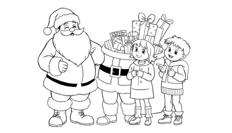 Le Père Noël souriant avec un grand sac de cadeaux, une fille et un garçon devant, dessin au trait pour colorier.