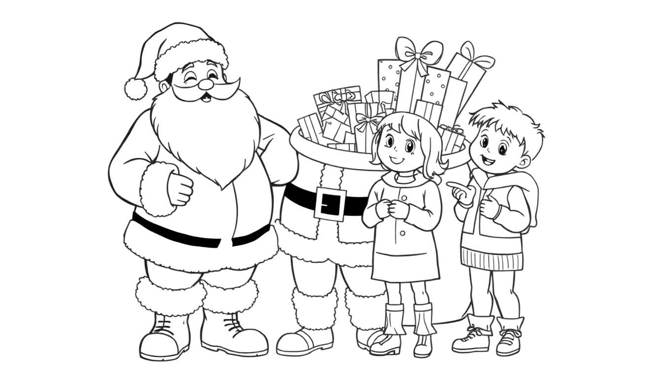Le Père Noël souriant avec un grand sac de cadeaux, une fille et un garçon devant, dessin au trait pour colorier.