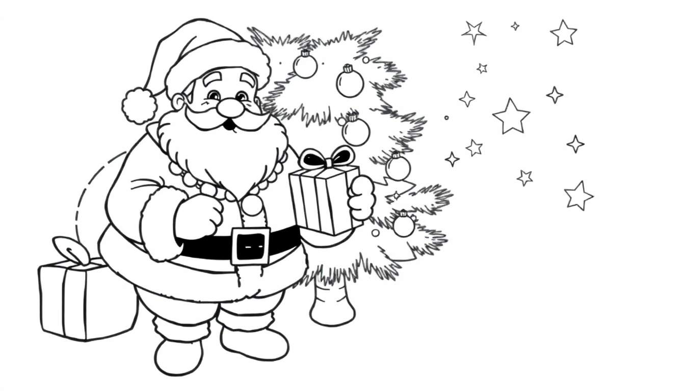 Un dessin au trait du Père Noël souriant à côté d'un arbre de Noël, prêt pour un color panel.