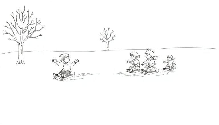 Une scène hivernale joyeuse, des enfants glissant sur des luges dans la neige, prête pour un color panel.
