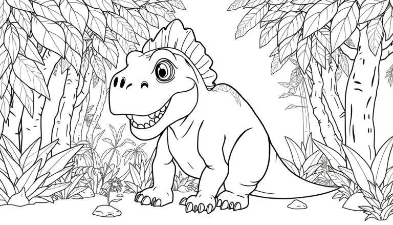 Un adorable dinosaure de dessin animé au trait noir et blanc, souriant largement, se tient au milieu d'une jungle détaillée. Ce color panel est prêt à être rempli de couleurs vives.