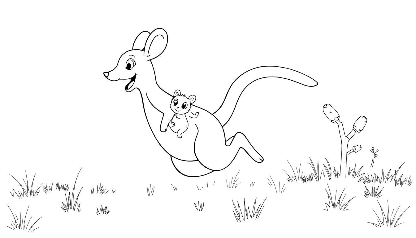 Dessin au trait noir et blanc d'un kangourou qui saute, avec son bébé dans la poche, dans un champ d'herbe.