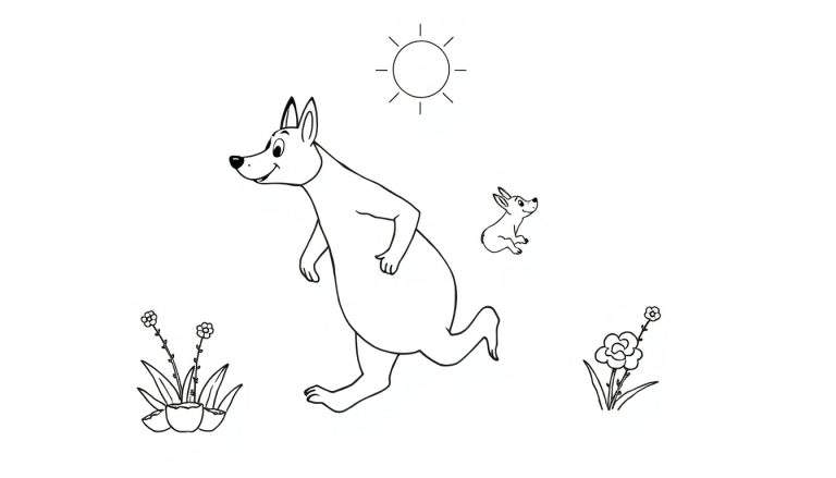 Un kangourou et son petit profitant du soleil, avec des fleurs dans des pots en bas.