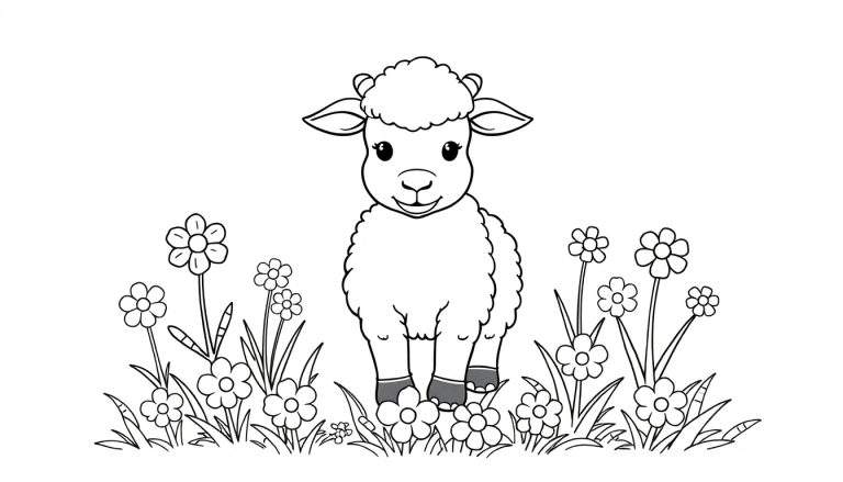 Dessin au trait noir et blanc d'un agneau souriant au milieu de fleurs, parfait pour un color panel.