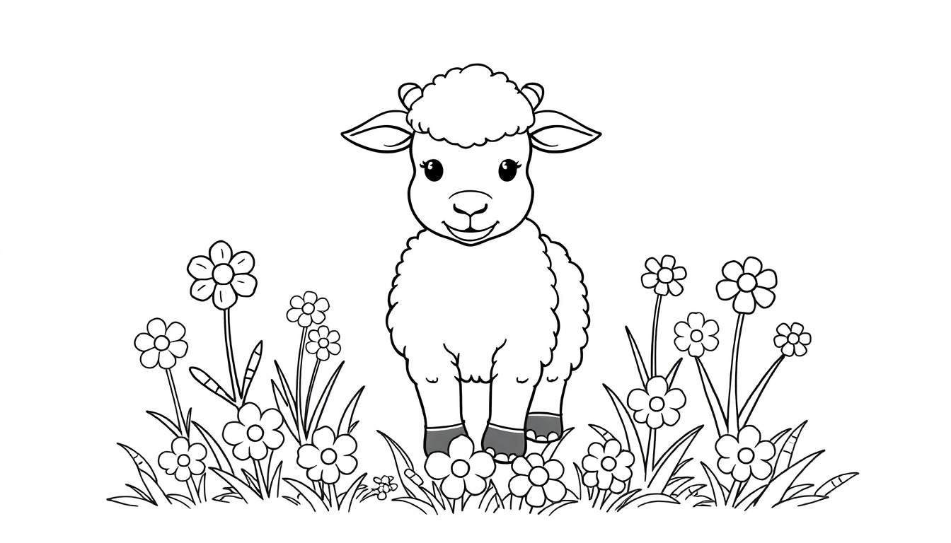 Dessin au trait noir et blanc d'un agneau souriant au milieu de fleurs, parfait pour un color panel.