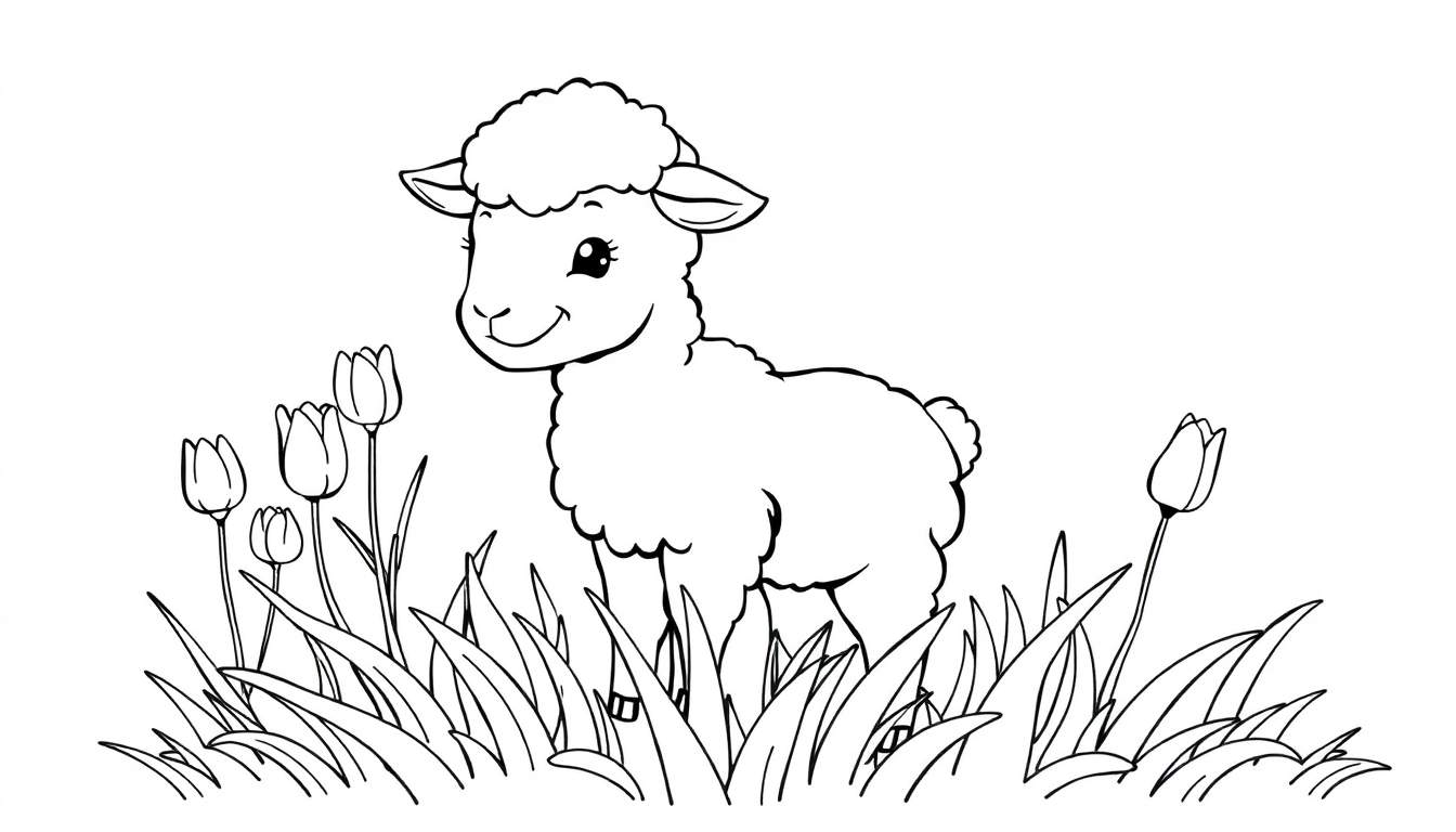 Dessin au trait d'un agneau souriant dans un champ d'herbe et de tulipes, prêt pour le color panel.