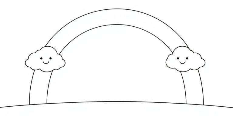 Un arc-en-ciel simple avec un nuage souriant à chaque extrémité, sur une ligne d'horizon. Un panneau coloré idéal pour les enfants.