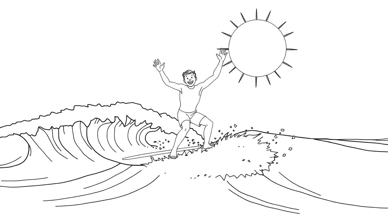 Un dessin au trait en noir et blanc d'un surfeur joyeux sur une vague, avec des rayons de soleil. Un color panel ludique.