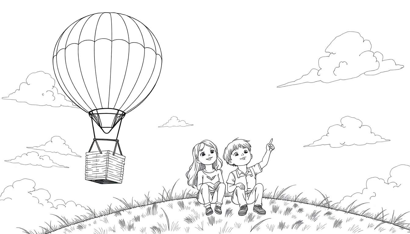 Dessin au trait d'un ballon à air chaud coloré dans le ciel, vu par deux enfants sur une colline.
